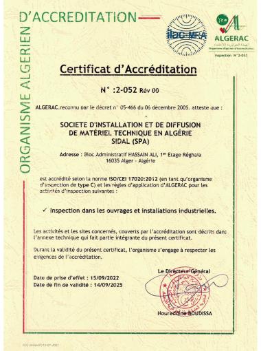 certificat d'accréditation Sidal gas 