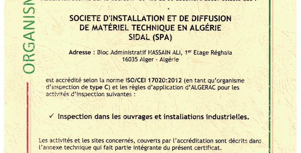 certificat d'accréditation Sidal gas 